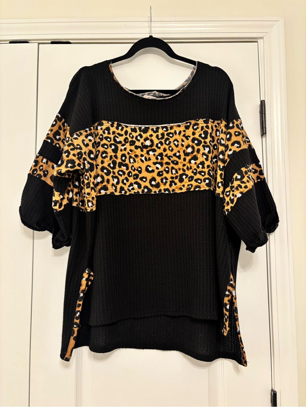 Umgee Black Waffle Top with Leopard Panels